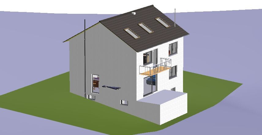 3D-Ansicht eines zweistöckigen Hauses mit Balkon und Dachfenstern