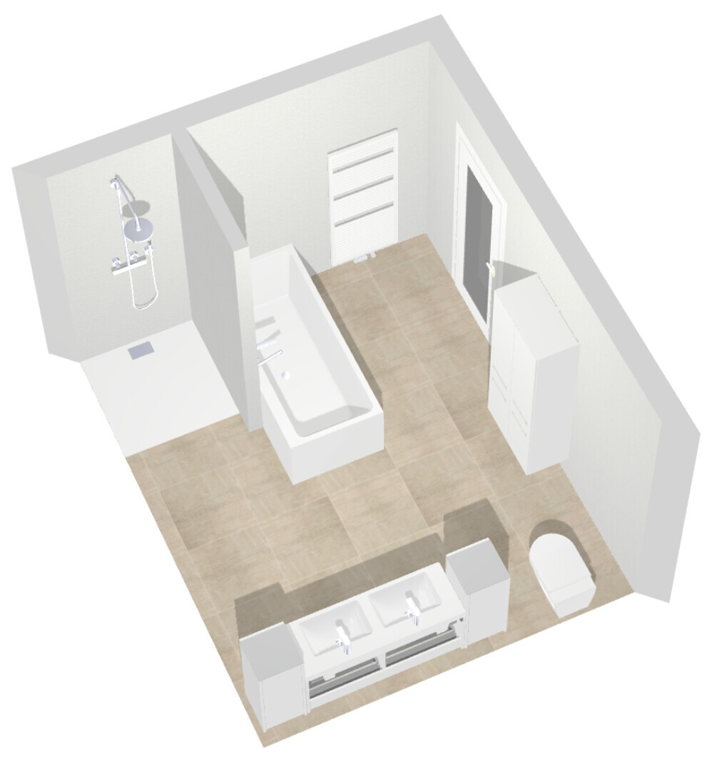 Isometrische Badezimmer-Ansicht mit Dusche, Badewanne, Doppel-Waschbecken, Toilette und Schrank.