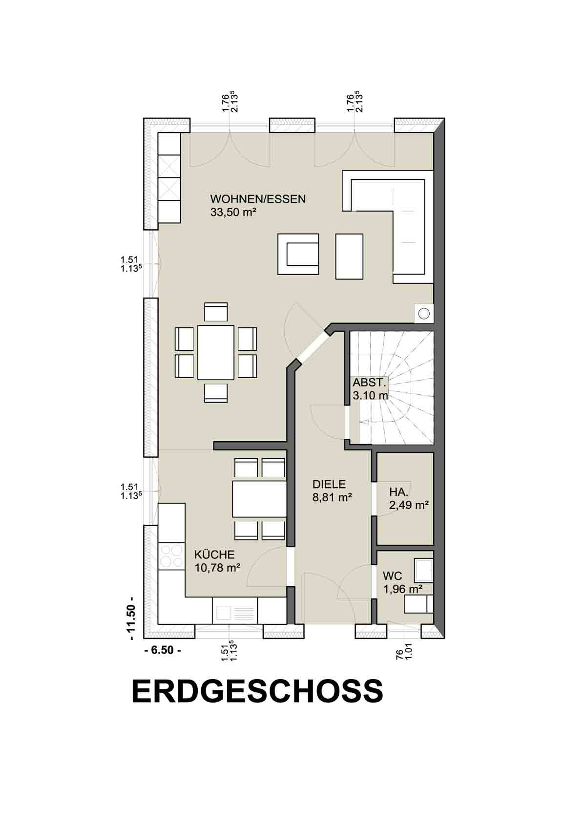 Ground floor plan with open kitchen, living/dining area, hallway, and WC