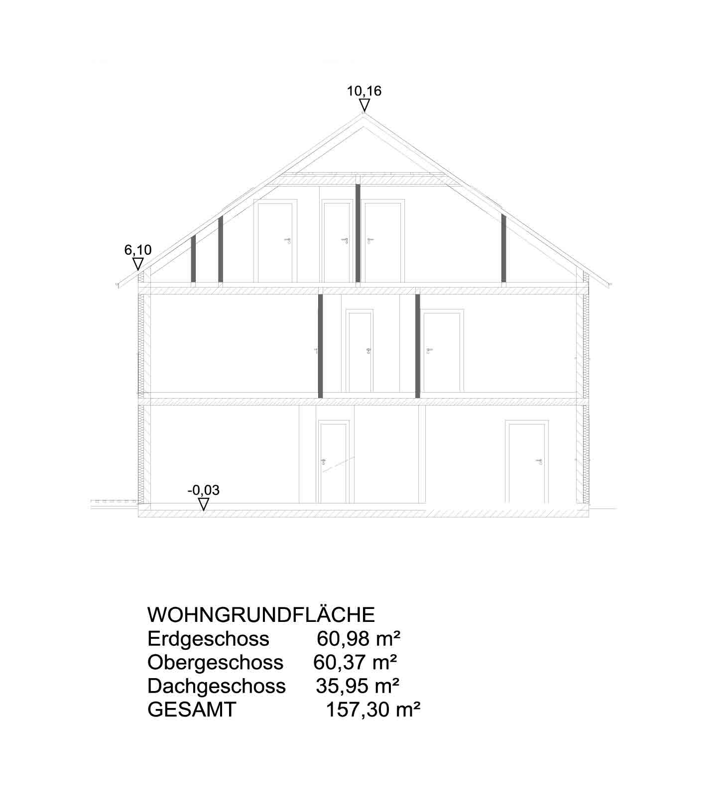 Section through a multi-story house with roof structure, doors, and stairs