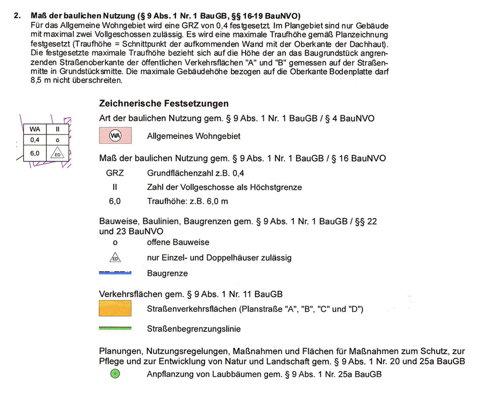 Planungsdokument mit zeichnerischen Festsetzungen zur baulichen Nutzung und Grundriss