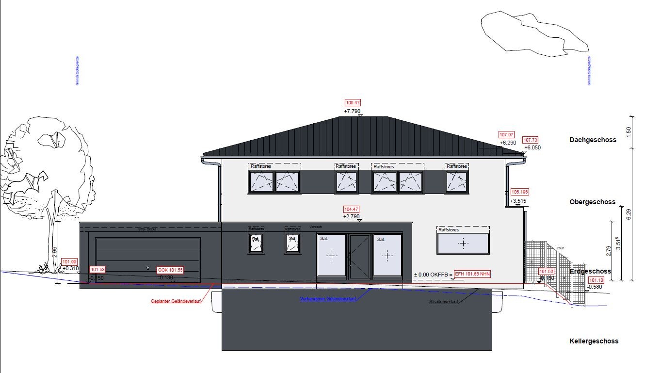 Front view of a two-story house with garage, roof, windows, and floor labels.