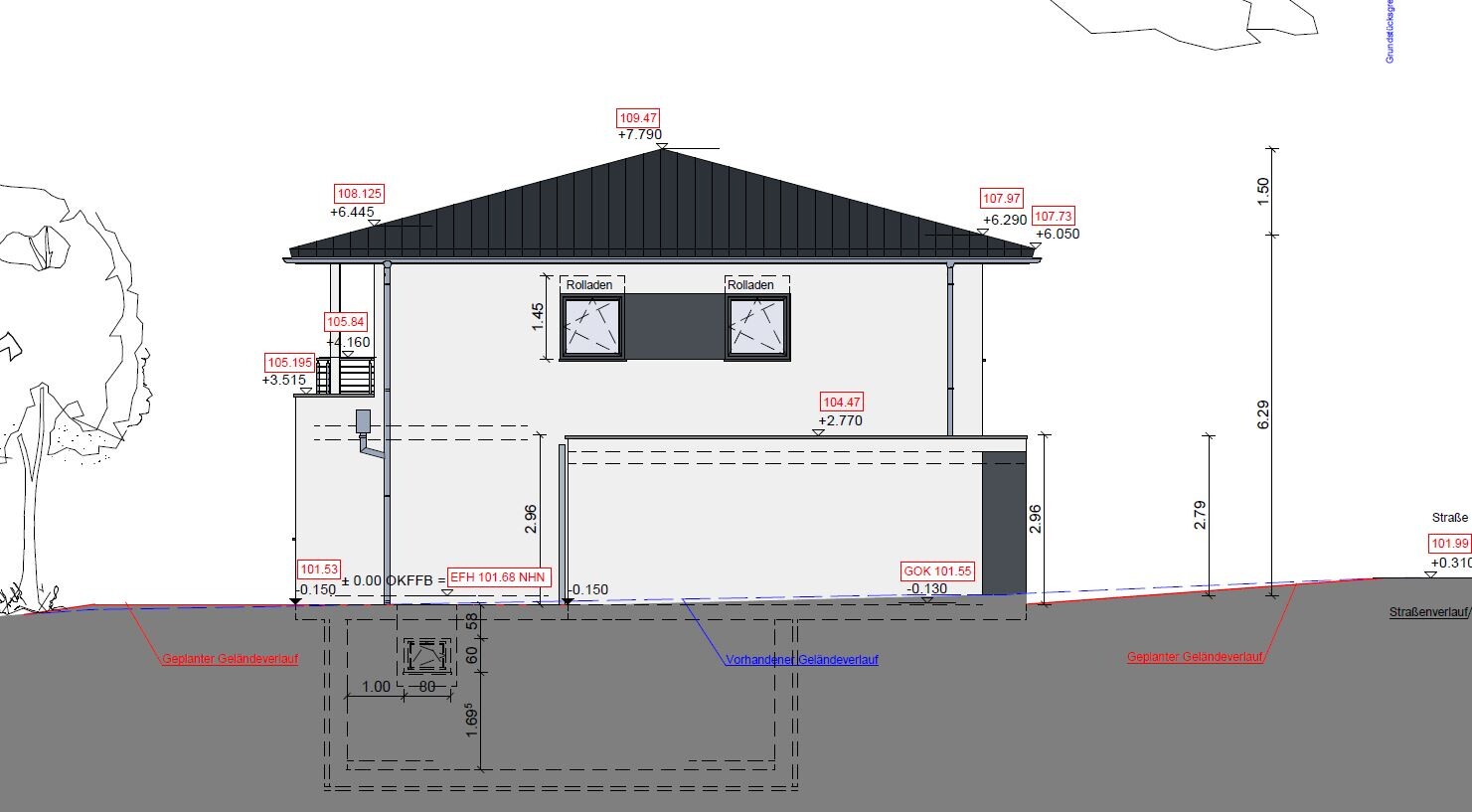 Two-story house with gable roof, window front, shutters, garage, and terrain measurements.