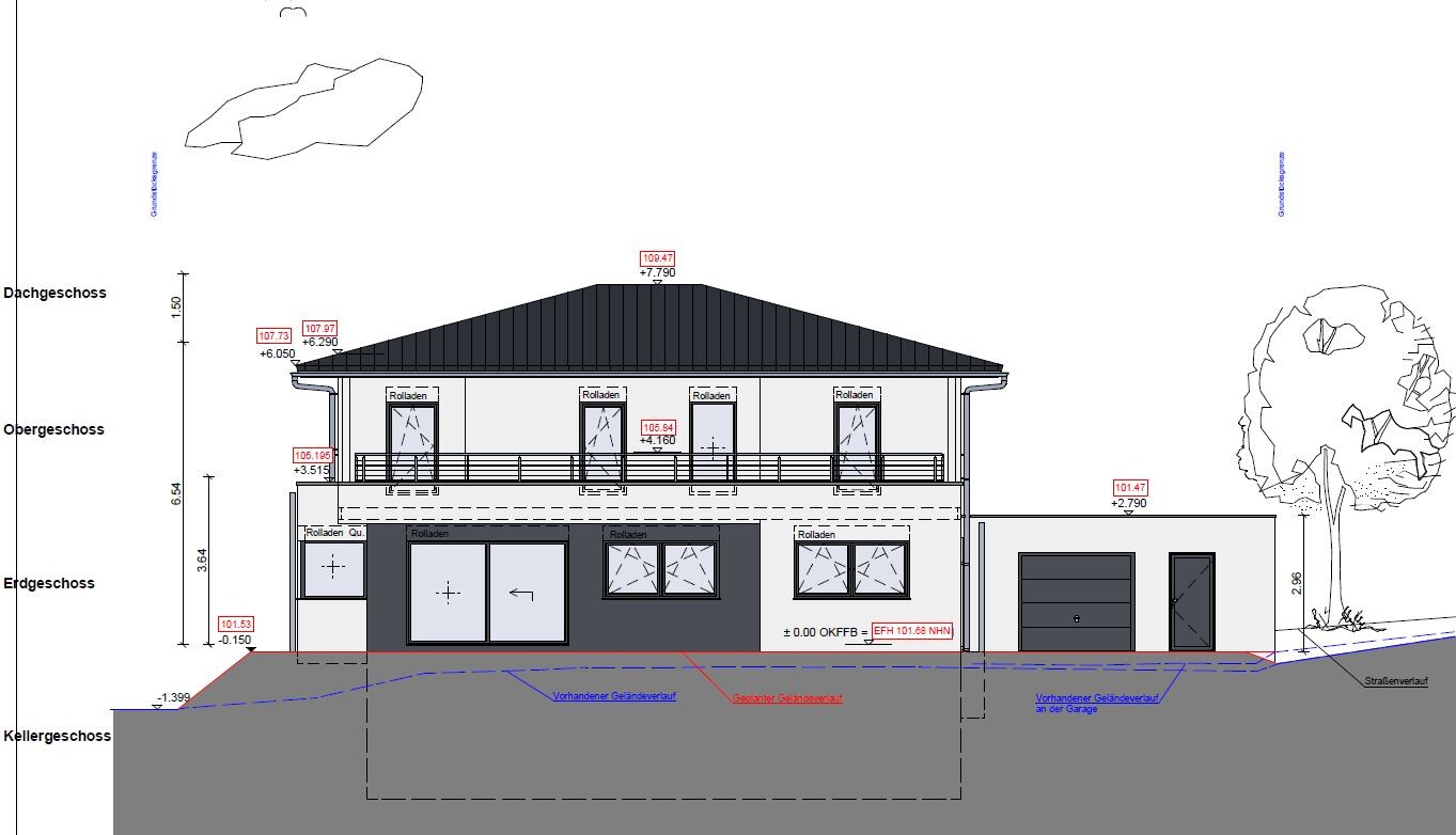 Architectural drawing of a house with basement, ground floor, upper floor, attic, and garage.