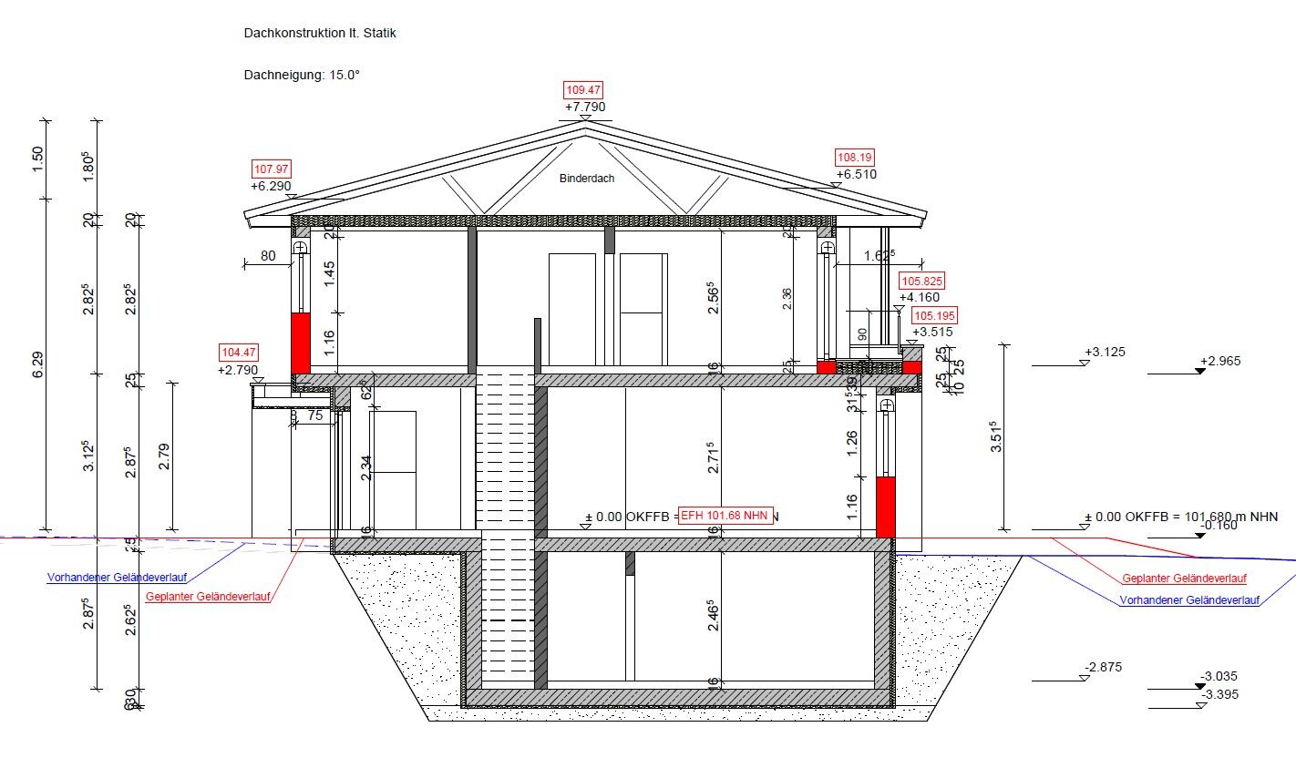 Cross-section through a multi-story house showing roof construction, stairwell, walls, and foundations.