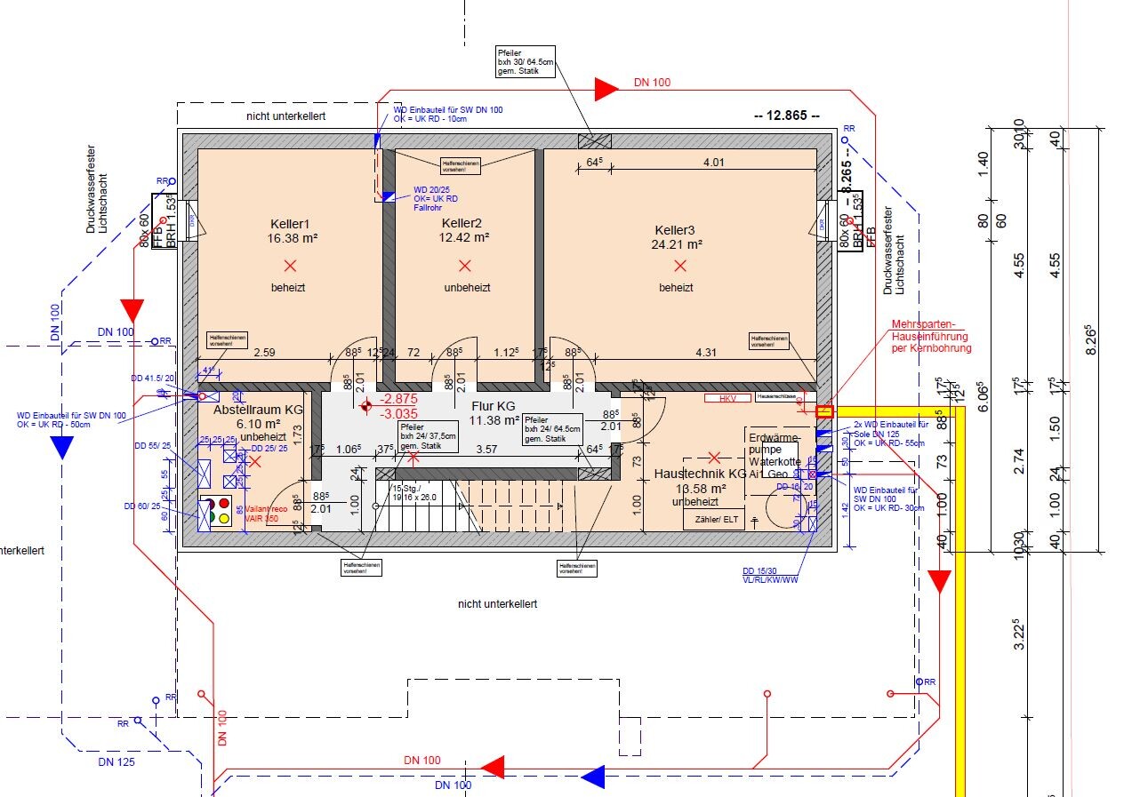 Basement floor plan with three cellar rooms, storage room, hallway, and building services.