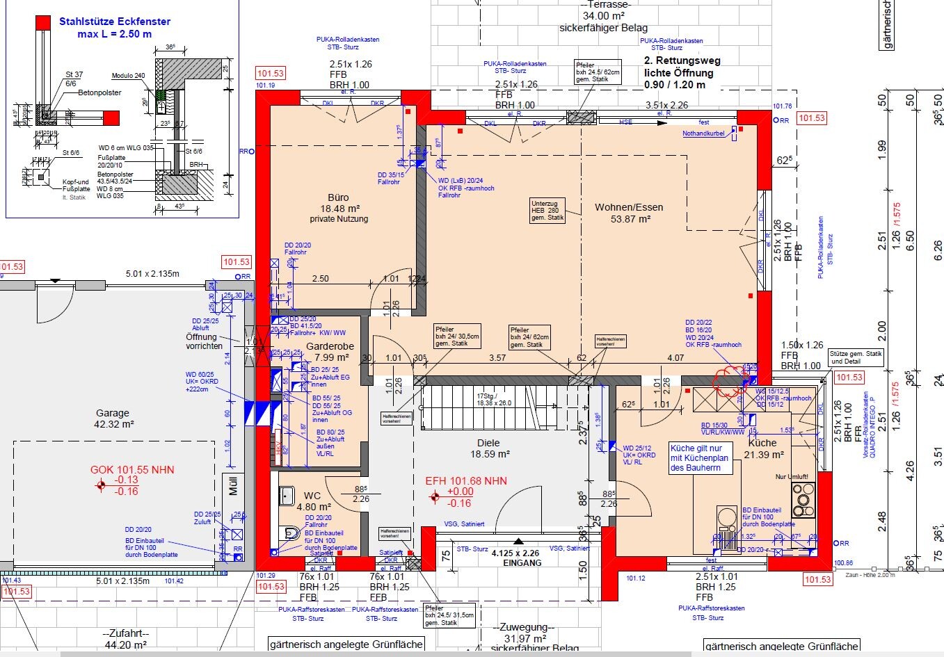 House floor plan with office, living/dining area, kitchen, entrance hall, and garage.