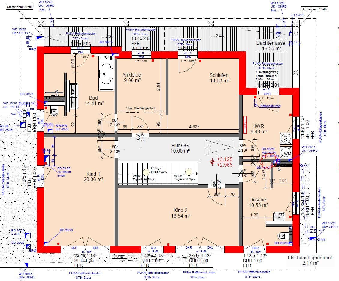 Upper floor plan: bathroom, dressing room, bedroom, utility room, child’s room 1, child’s room 2, upper floor hallway, shower, roof terrace.