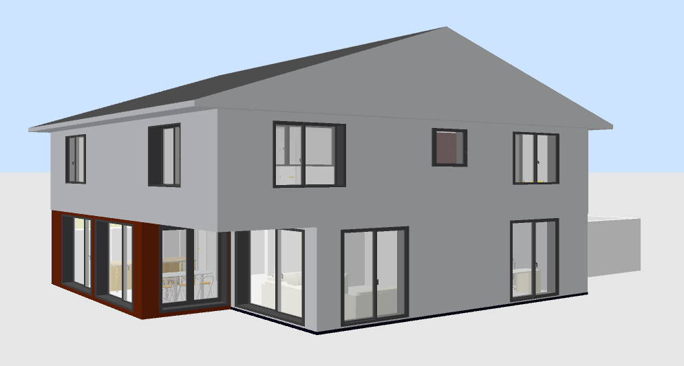 Modern two-story gray house with large glass windows and wooden accents on the front.