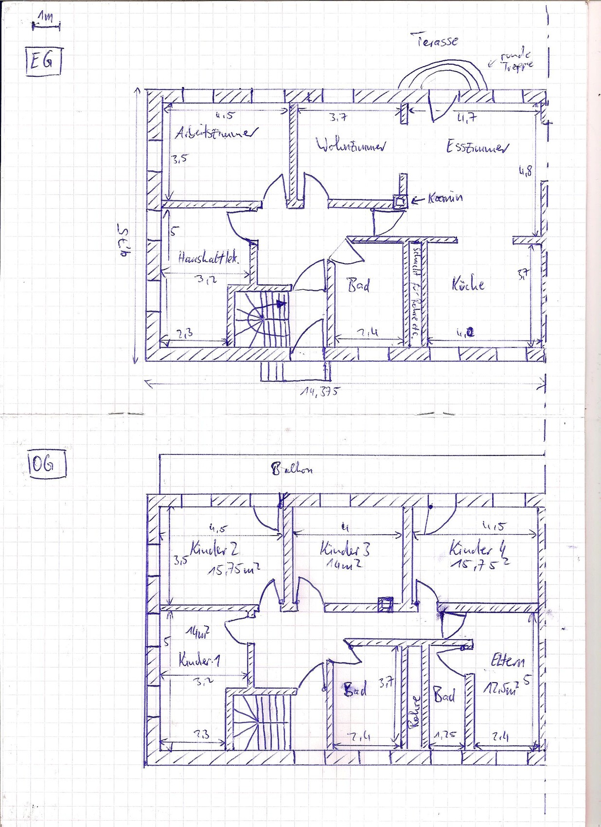 Hand-drawn floor plan of a two-story house (ground and upper floor) with rooms, terrace and balcony.