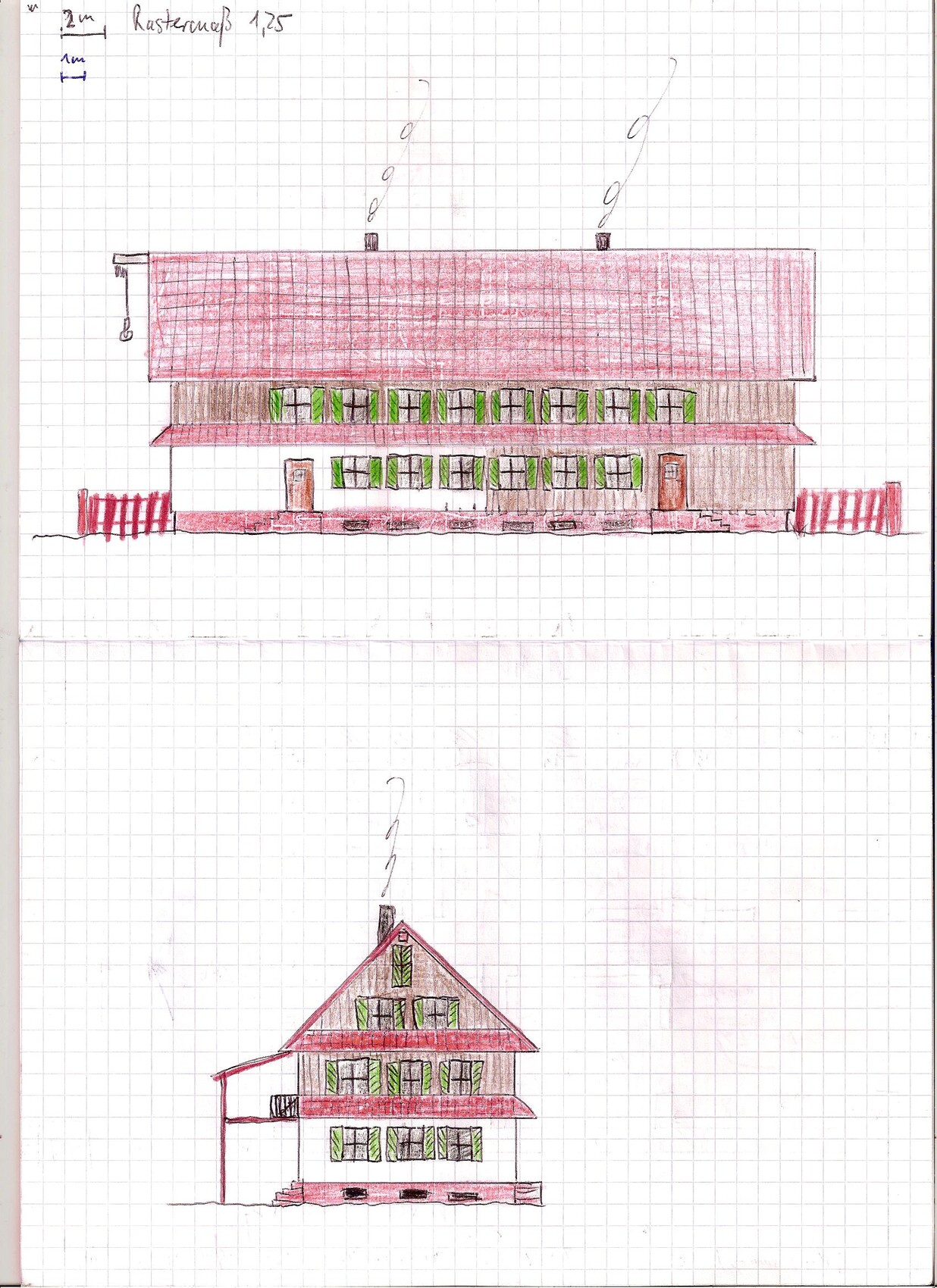 Sketch of a two-story house with red gable roof and many windows, front view
