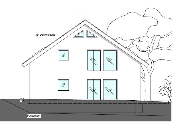 Architekturzeichnung eines Einfamilienhauses mit Fundament, 35° Dachneigung und Fensterfronten.