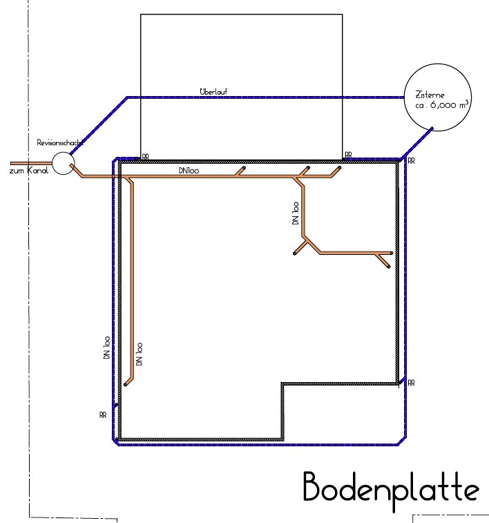 Construction plan of foundation slab with water pipes, drainage pipes, and cistern