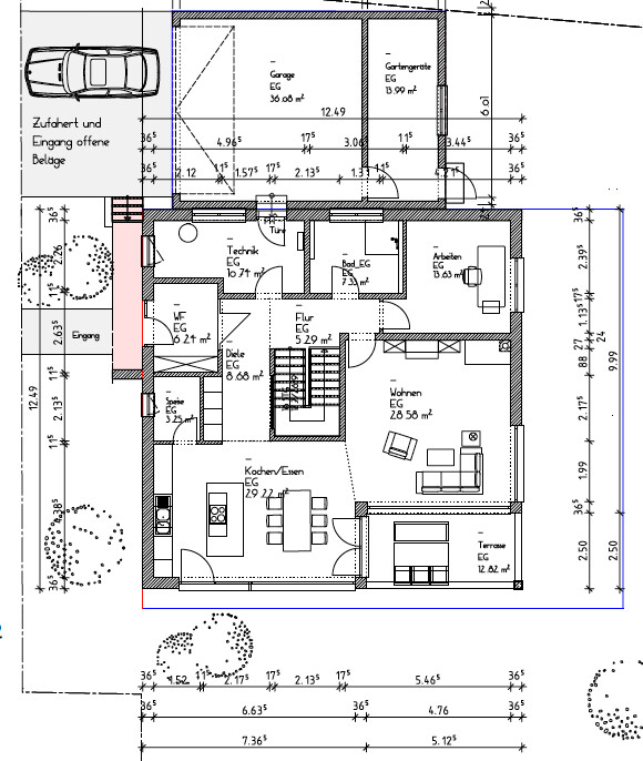 Floor plan of a single-family house: kitchen/dining, living room, terrace, bathroom, garage.