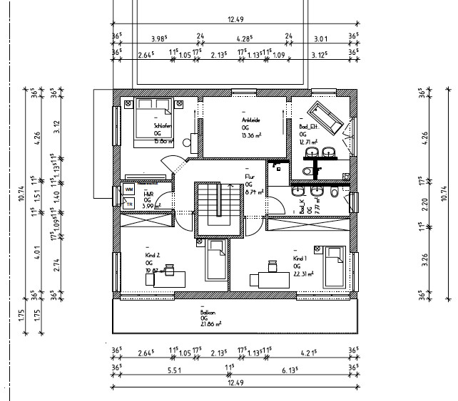 Upper floor plan: bedroom, dressing room, bathroom, two children’s rooms, hallway, balcony.