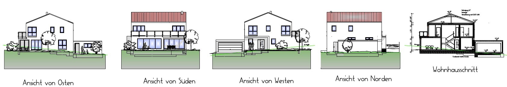 Multiple views of a modern house: east, south, west, north elevations and cross-section
