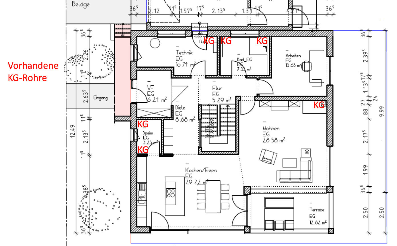 Floor plan of a house with basement and ground floor: kitchen, living room, hallway, bathroom, technical room, terrace.