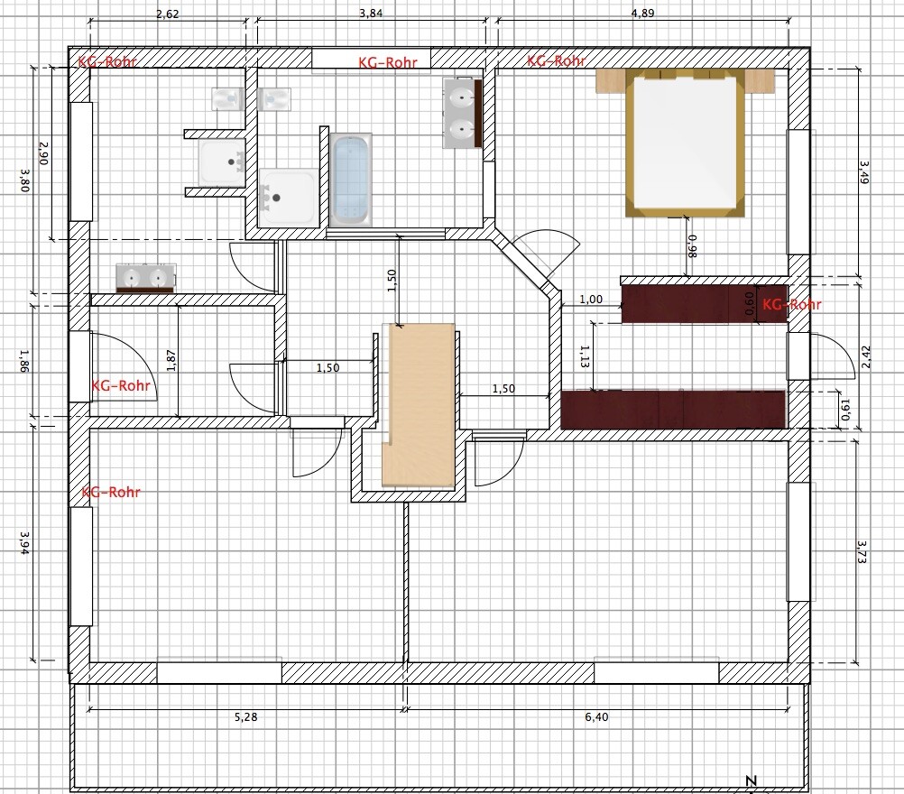 Apartment floor plan: bathroom with bathtub, kitchen, bedroom with bed, living room with table.