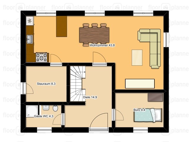 2D floor plan of a house with living room, kitchen, office, hallway, and guest WC