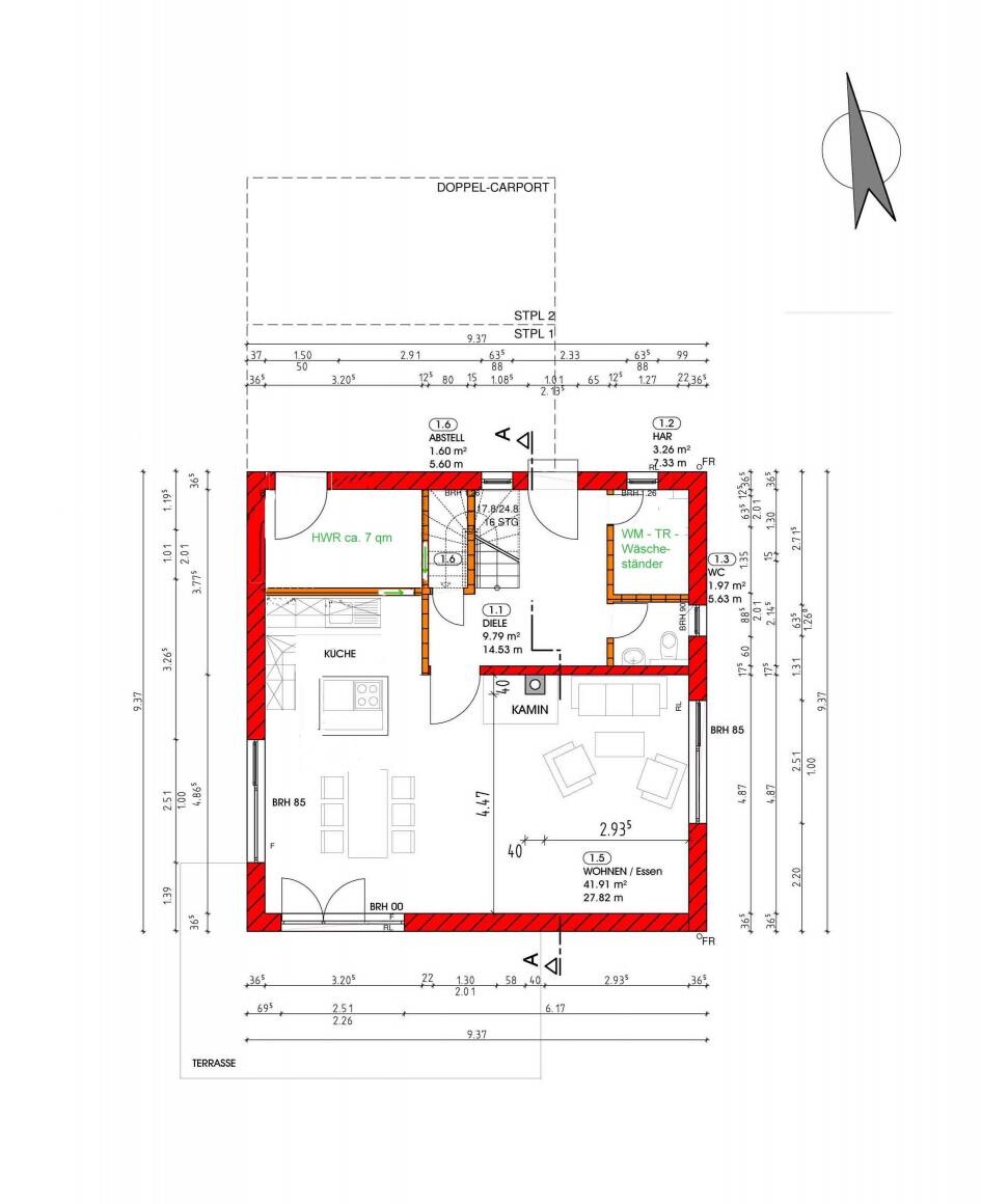 Floor plan of a house: living/dining, kitchen, hallway, utility room, fireplace, terrace, red exterior walls.