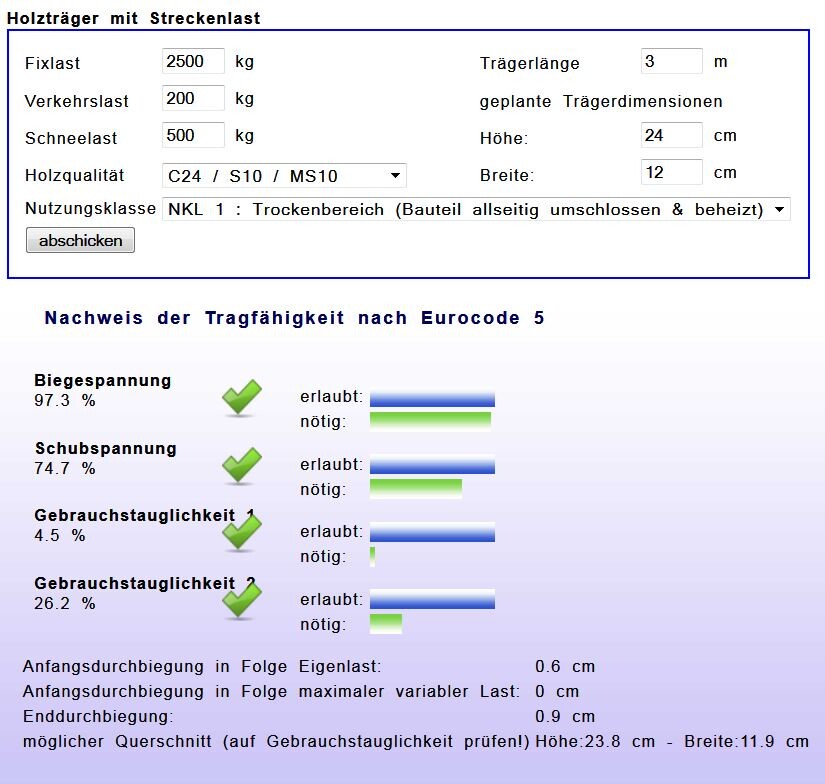 Software interface with calculation form for timber beams and distributed load.
