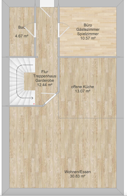 Floor plan of a house with living area, open kitchen, office/guest room, and bathroom