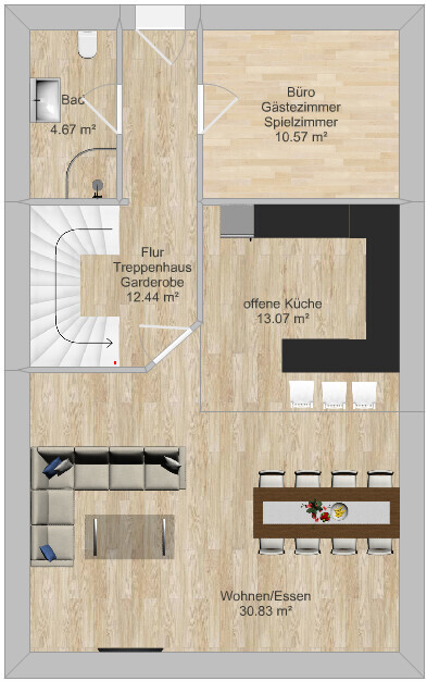 Floor plan of a residential house with open kitchen, living room, bathroom, and staircase