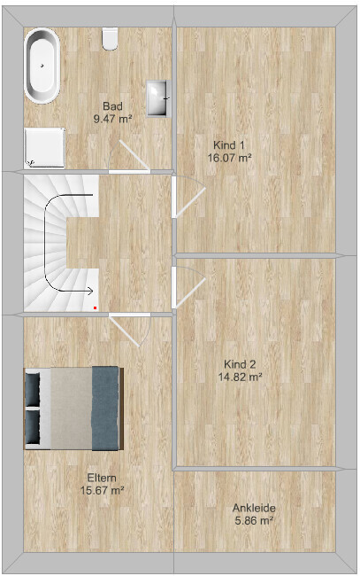 2D floor plan of a house with bathroom, master bedroom, two children's rooms, and walk-in closet