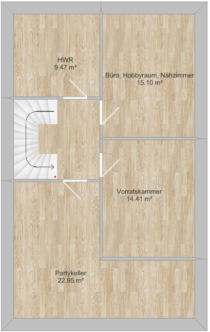 Floor plan of a house with staircase, office, hobby room, sewing room, pantry, and party basement.