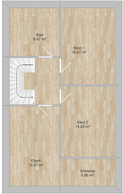 Floor plan of a house with bathroom, master and children’s rooms, and staircase