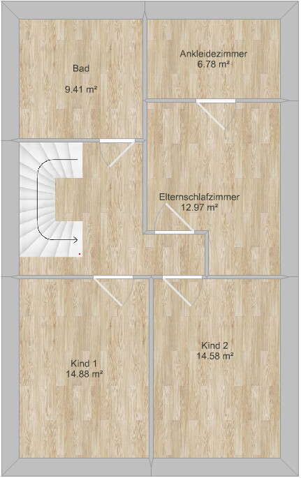 Upper floor plan with bathroom, dressing room, master bedroom, and two children’s rooms.
