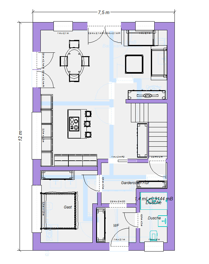 2D floor plan of a house with open kitchen, dining area, living room, hallway and bathroom.