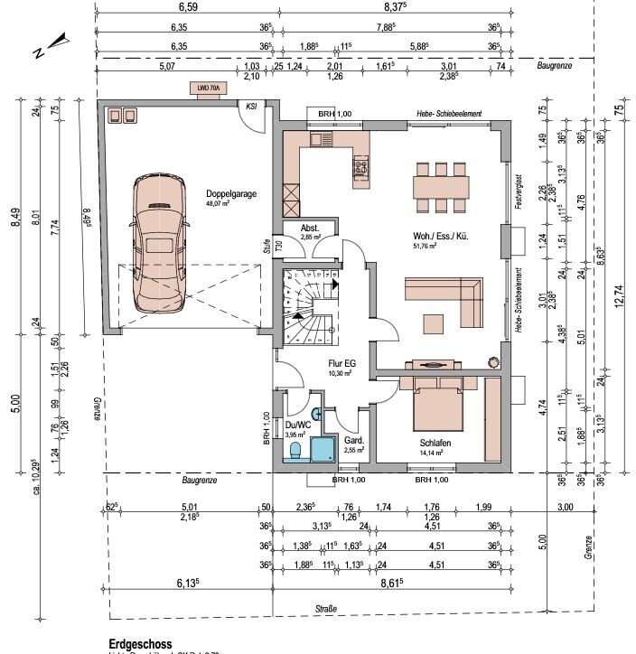 Ground floor plan: double garage, hall, kitchen/dining area, living room, sleeping area, bathroom, storage room, wardrobe