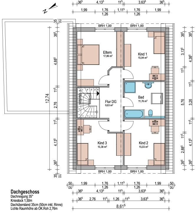 Upper floor plan with 4 bedrooms, bathroom, hall and stairs