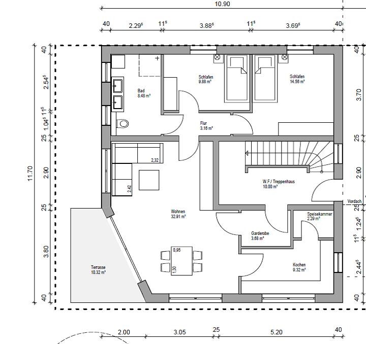 Floor plan of a house: living room, kitchen, terrace, bathroom, hallway, cloakroom, 2 bedrooms.