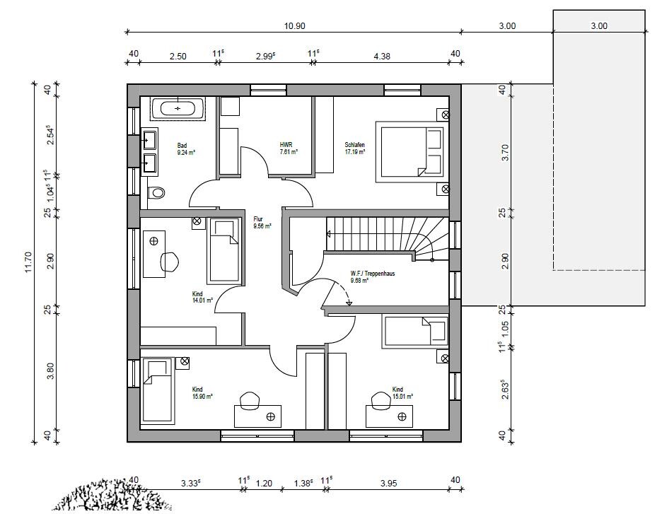 Floor plan of a house: bathroom, utility room, hallway, bedroom, and three children’s rooms with staircase.