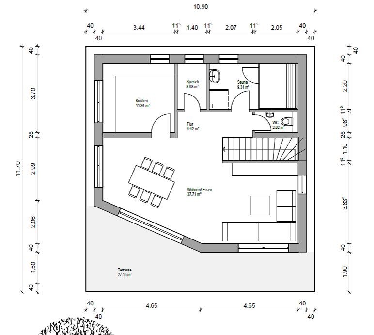 Floor plan of a house: living/dining area, kitchen, pantry, hallway, sauna, WC, terrace.