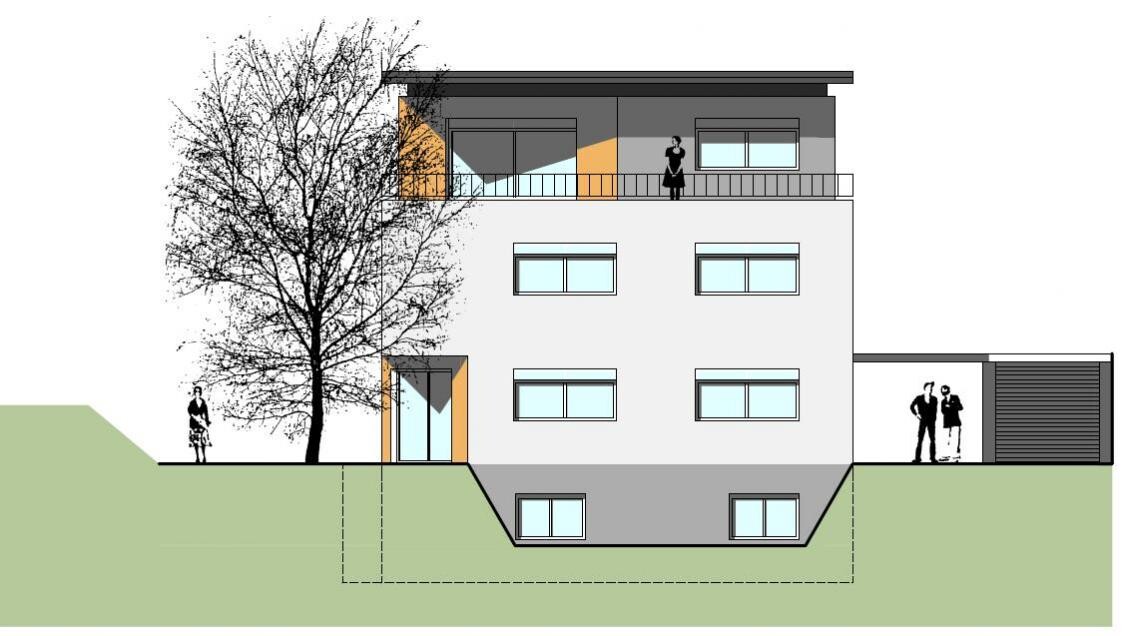 Modern multi-family house with roof terrace, tree on the left, garage on the right; people at the entrance.