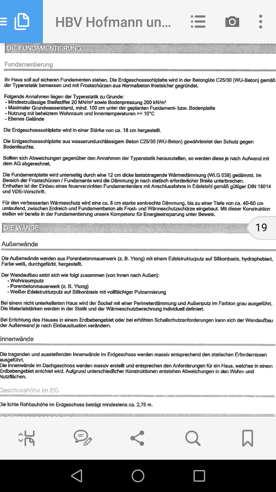 Bauunterlagen-Seite mit Fundamentierung und Außen- und Innenwänden.