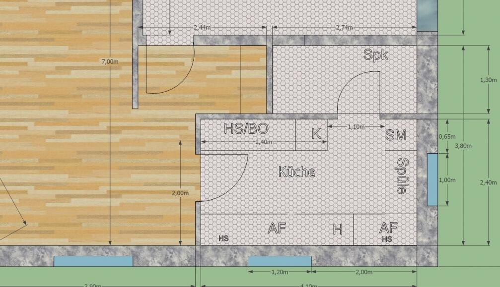 Floor plan of a house: central kitchen, adjoining rooms, measurements in meters.