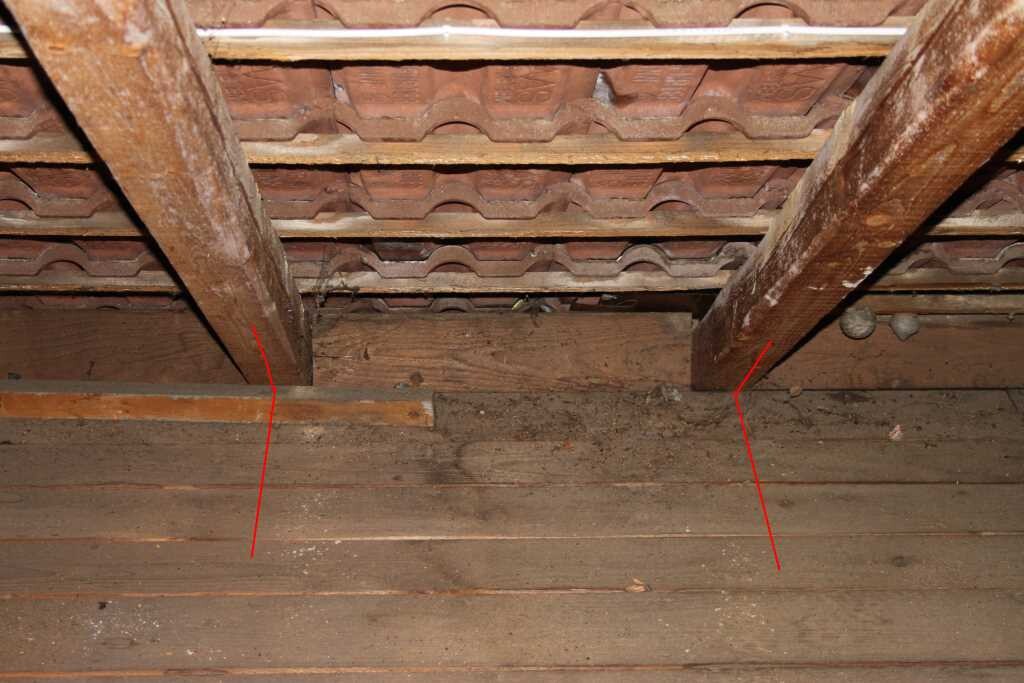 Attic with wooden beams, dusty, visible tiled roof