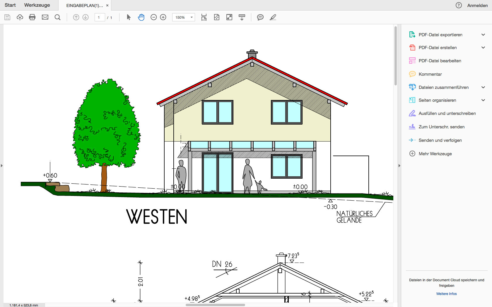 Zweistöckiges Haus mit rotem Satteldach, großen Glasfronten, Baum links.