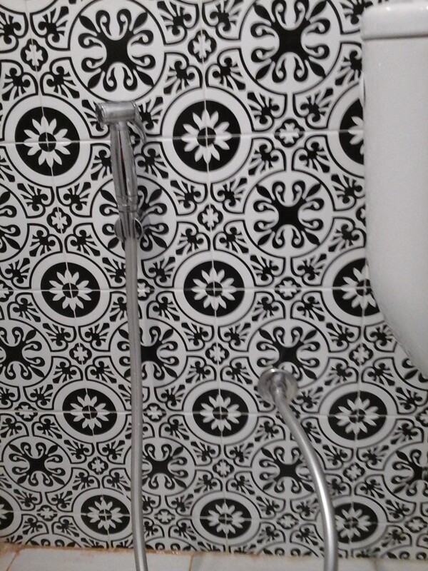Bathroom with black-and-white patterned tiles, shower spray, and toilet fittings.