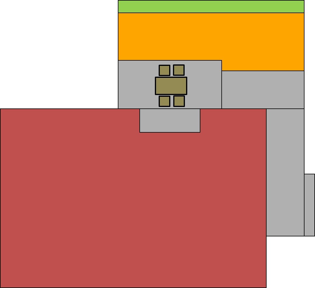 Schematischer farbiger Grundriss eines Hauses mit grauen, roten, orangefarbenen und grünen Bereichen