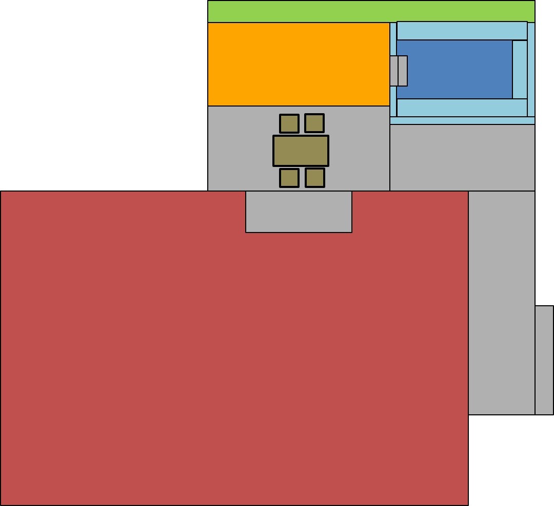 Schematischer 2D-Grundriss eines Hauses mit farblich kodierten Bereichen.