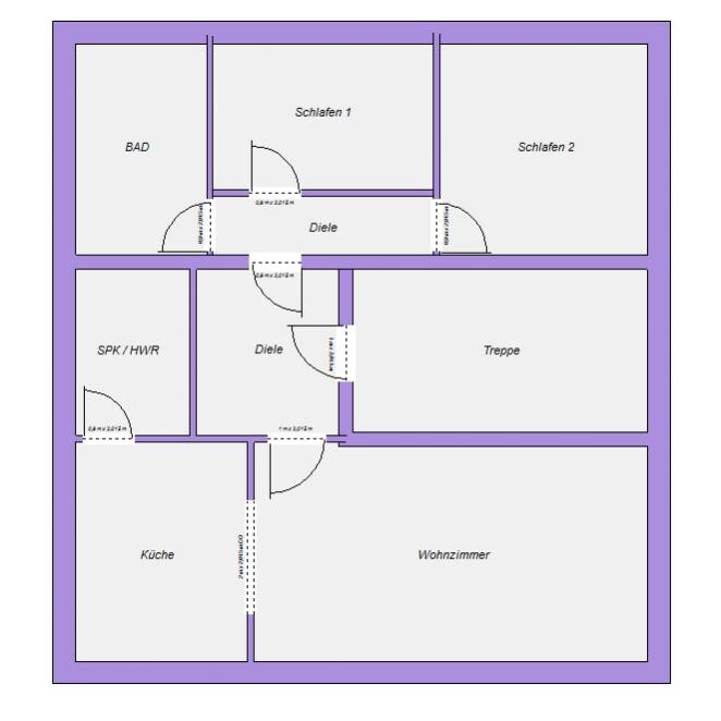 Floor plan of a house: kitchen, living room, bathroom, bedrooms 1/2, hallway, stairs, pantry/utility room.