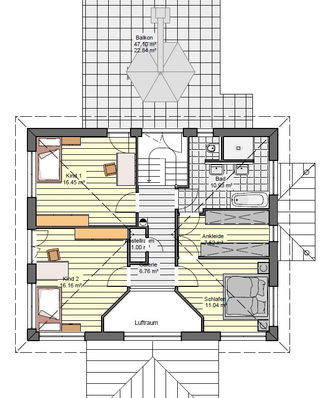 Top view of an attic floor plan with bedroom, two children’s rooms, bathroom, balcony.