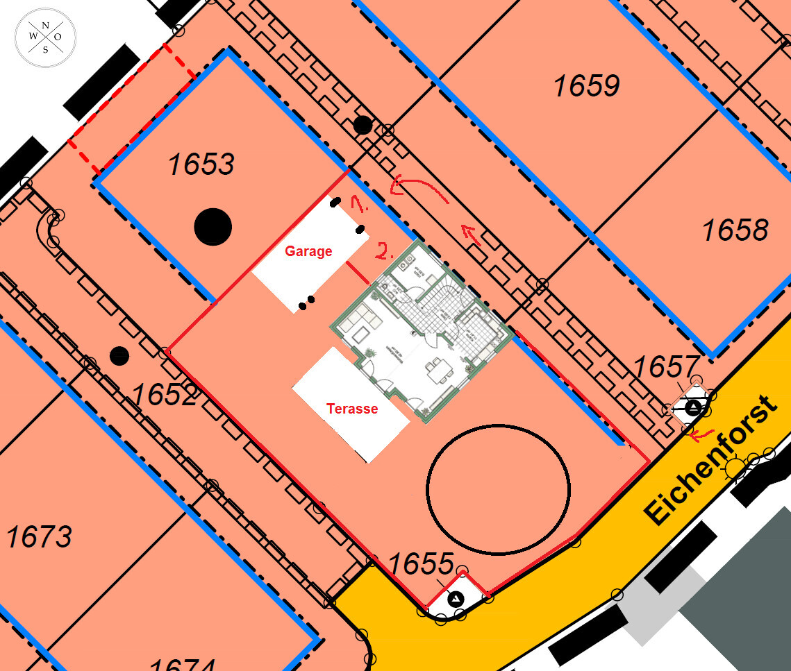 Lageplan eines Baugrundstücks mit Garage und Terrasse, Parzellenmarkierungen.