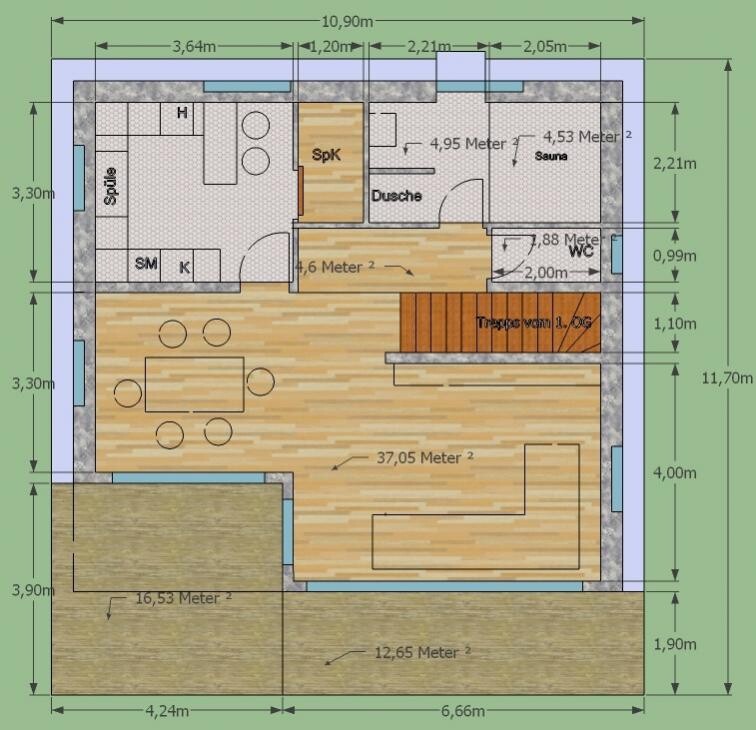 Floor plan of a house: kitchen with sink, dining area, living room, sauna, shower, WC, stairs, terrace