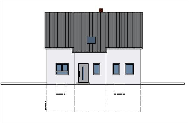 Front view of a two-storey detached house with entrance and windows, drawing